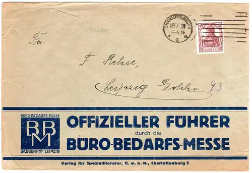 DR 1921, EF 15 Pf. Germania auf Firmen Drucksache Brief v. Charlottenburg