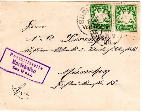 Bayern 1908, Posthilfstelle EURISHOFEN Taxe Waal klar auf Brief m. 2x5 Pf.