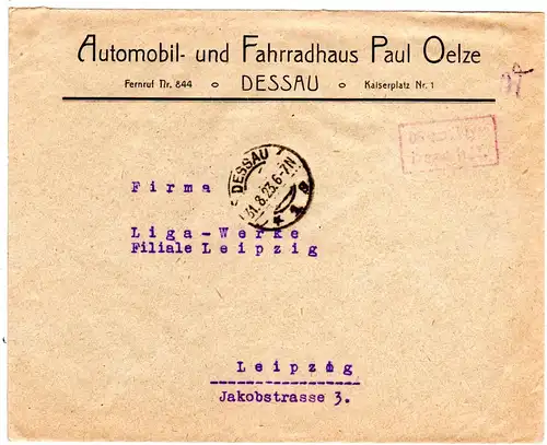 DR 1923, R2 Gebühr bezahlt auf Infla Firmen Brief v. Dessau