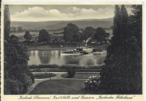 Grohnde, 1937 gebr. sw AK Gaststätte Fährhaus m. Schiff. Flagge!. #2398