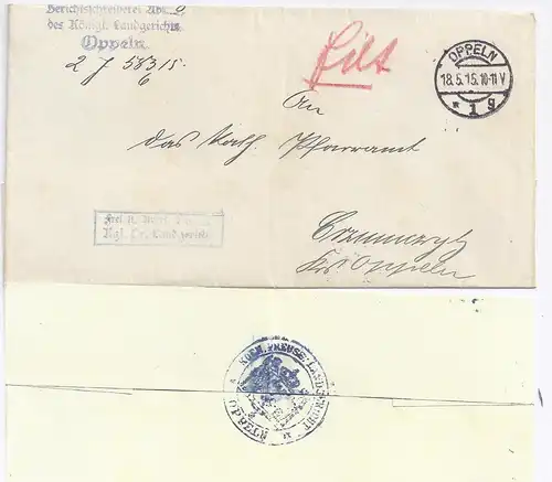 DR 1915, Oppeln Schlesien, Brief Frei lt. Avers No. 21  Pr. Landgericht.  #728