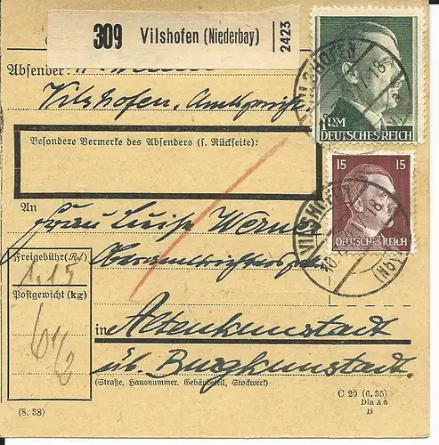 DR 1942, 1 Mk.+15 Pf. auf Paketkarte v. Vilshofen.