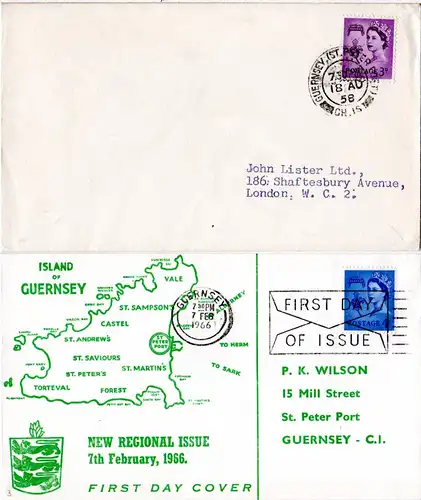 Guernsey 1958/66, 3 u. 4d auf 2 schönen FDC