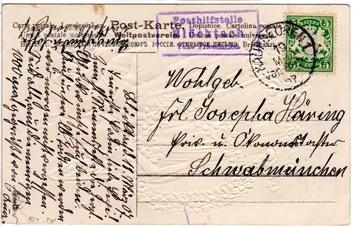 Bayern 1907, Posthilfstelle BLÖCKTACH Taxe Friesenried auf Karte m. 5 Pf.