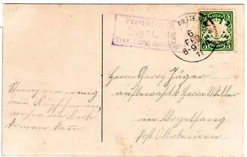 Bayern 1911, Posthilfstelle ENGETRIED Taxe Markt Rettenbach auf Karte m. 5 Pf.