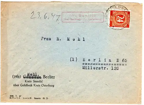 1947, Landpost Stempel 19b BEELITZ über Goldbeck auf Brief m. 24 Pf.