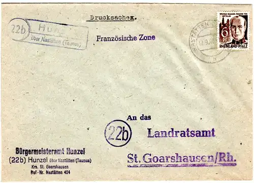 1947, Landpost Stempel 22b HUNZEL über Nastätten auf Bürgermeister Brief m. 6 Pf