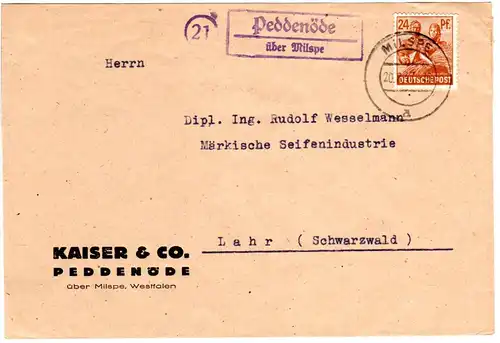 1947, Landpost Stempel 21 PEDDENOEDE über Milspe auf Firmen Brief m. 24 Pf.