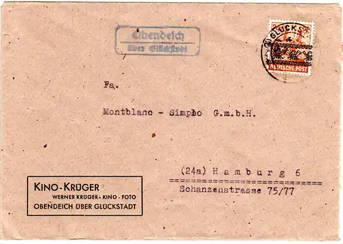 1948, Landpost Stempel OBENDEICH über Glueckstadt auf Firmen Brief m. 24 Pf.