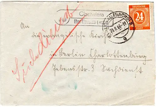 1946, Landpost Stempel OBERWIERA über Glauchau auf Brief m. 24 Pf.