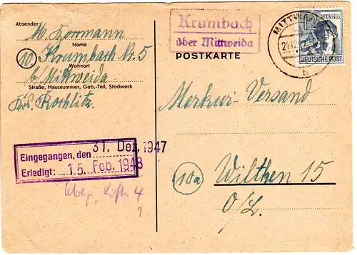 1947, Landpost Stempel KRUMBACH über Mittweida auf Karte m. 12 Pf.