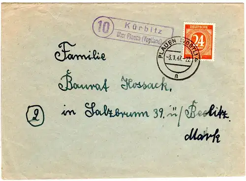 1947, Landpost Stempel 10 KUERBITZ über Plauen auf Brief m. 24 Pf.