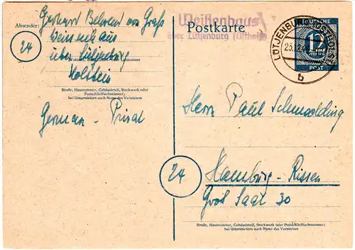 1946, Landpost Stempel WEISSENHAUS über Lütjenburg auf 12 Pf. Ganzsache