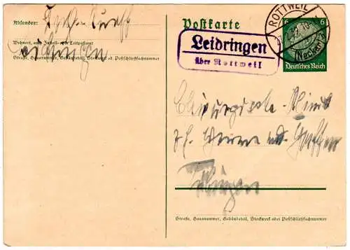 DR 1939, Landpoststpl. LEIDRINGEN über Rottweil auf 6 Pf. Ganzsache 