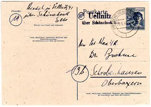 1947, Landpost Stempel UELLNITZ über Schönebeck auf 12 Pf. Ganzsache