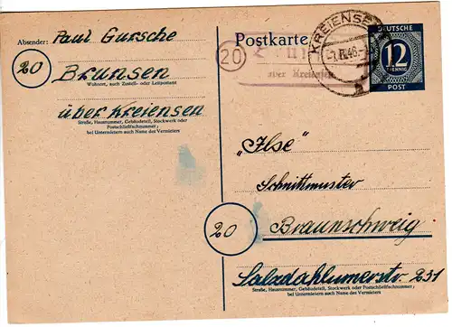 1946, Landpost Stempel 20 BRUSEN über Kreiensen auf 12 Pf. Ganzsache
