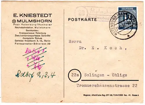 1947, Landpost Stempel 23 MULMSHORN über Rotenburg auf Firmen Karte m. 12 Pf.