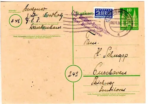 1951, Landpost Stempel 23 NORDHOLZ KRANKENHAUS über Bremerhaven auf Ganzsache 