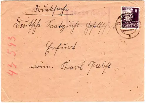 DDR 1950, Landpost Stempel DILLSTÄDT (Thür.) auf Drucksache Brief m. 6 Pf.