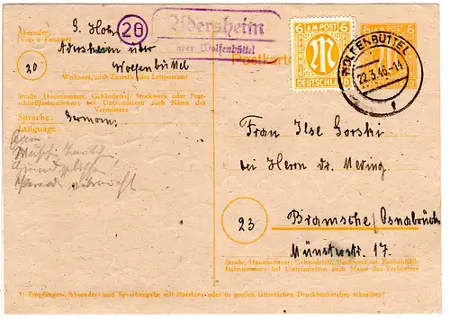 1946, Landpost Stempel 20 ADERSHEIM über Wolfenbüttel auf Ganzsache m. Zusatzfr.