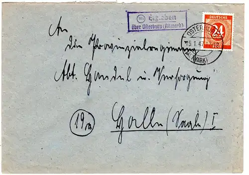 1947, Landpost Stempel 19b ERZLEBEN über Osterburg auf Brief m. 24 Pf.