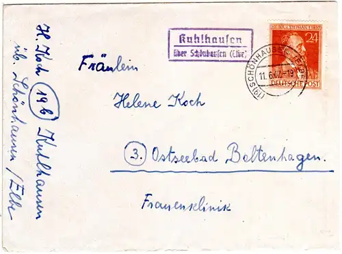 1947, Landpost Stempel KUHLHAUSEN über Schoenhausen auf Brief m. 24 Pf.