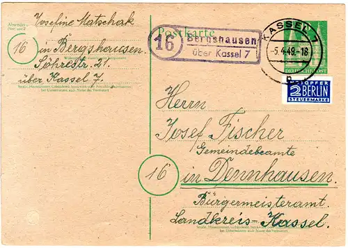 1949, Landpost Stempel 16 BERGSHAUSEN über Kassel 7 auf 10 Pf. Ganzsache