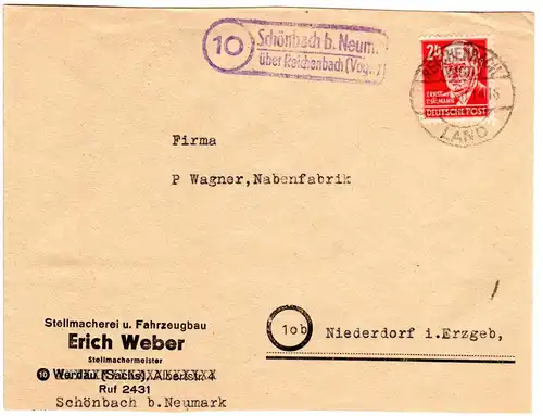 SBZ 1950, Landpost Stpl. 10 SCHOENBACH über Reichenbach auf Brief m. 24 Pf.