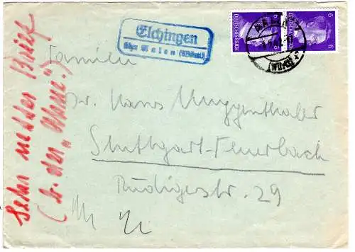 DR 1942, Landpoststpl. ELCHINGEN über Aalen auf Brief m. 2x6 Pf.