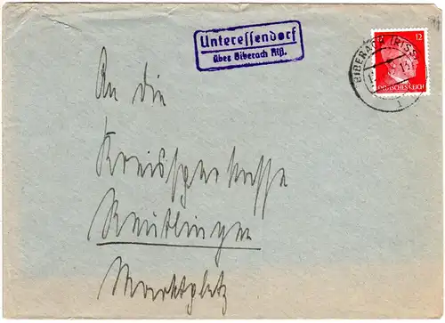 DR 1943, Landpoststpl. UNTERESSENDORF über Biberach auf Brief m. 12 Pf.