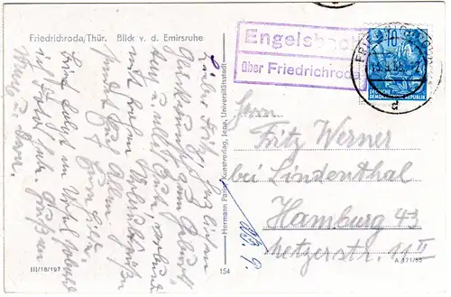 DDR 1955, Landpost Stpl. ENGELSBACH über Friedrichroda auf AK m. 10 Pf.