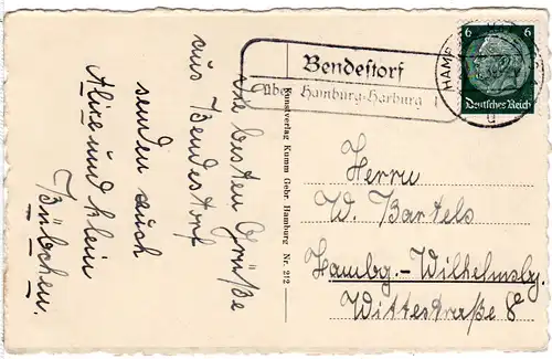DR 1939, Landpost Stpl. BENDESTORF über Hamburg-Harburg auf AK m. 6 Pf.