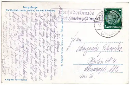 DR 1941, Landpost Stpl. HEUFUDERBAUDE über Bad Flinsberg auf AK m. 6 Pf.