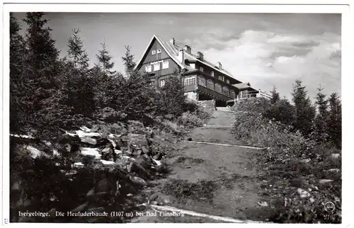 DR 1941, Landpost Stpl. HEUFUDERBAUDE über Bad Flinsberg auf AK m. 6 Pf.