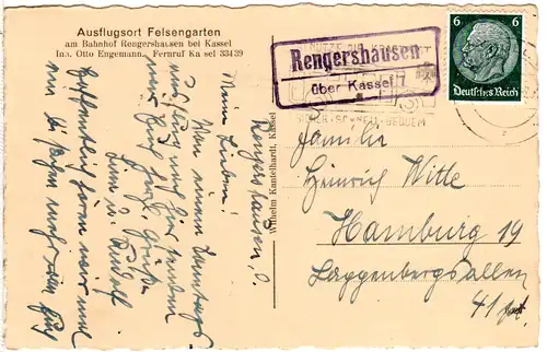 DR 1940, Landpost Stpl. RENGERSHAUSEN über Kassel 7 auf sw-AK m. 6 Pf.