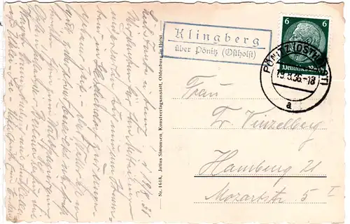 DR 1936, Landpost Stpl. KLINGBERG über Pönitz auf sw-AK m. 6 Pf.