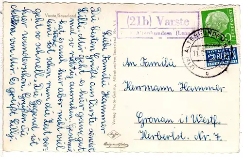 BRD 1955, Landpost Stempel 21b VARSTE über Altenhudem auf sw-AK m. 10 Pf.