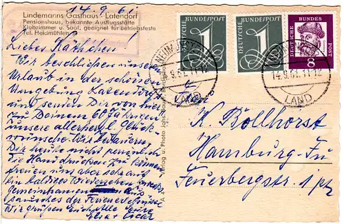 BRD 1961, Landpost Stempel 24b LATENDORF über Neumünster auf sw-AK m. 8+2x1 Pf.