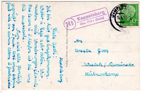 BRD 1957, Landpost Stempel 24b KOPPELSBERG über Plön auf sw-AK m. 10 Pf.