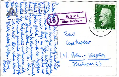 BRD 1958, Landpost Stempel 16 ASEL über Korbach auf sw-AK m. 10 Pf.