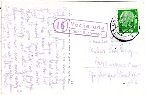 BRD 1956, Landpost Stempel 16 VOCKERODE über Eschwege auf sw-AK m. 10 Pf.