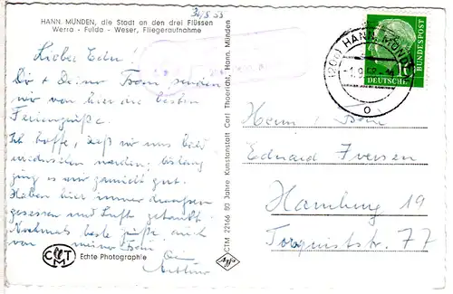 BRD 1958, Landpost Stempel 20b WIERSHAUSEN über Hann. Münden auf sw-AK m. 10 Pf.