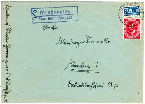 BRD 1951, Landpost Stempel GROSSENGSEE über Lauf klar auf Brief m. 20 Pf. 