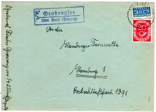 BRD 1951, Landpost Stempel GROSSENGSEE über Lauf klar auf Brief m. 20 Pf.