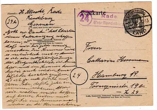 1948, Landpost Stempel 24 RADE über Rendsburg auf 12 Pf. Ganzsache