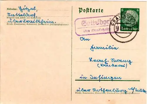 DR 1941, Landpoststempel Satteldorf über Crailsheim auf 6 Pf. Ganzsache