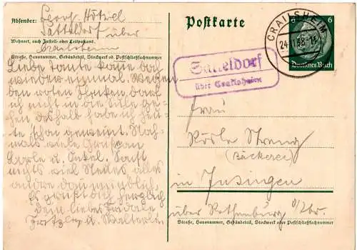 DR 1938, Landpoststempel Satteldorf über Crailsheim auf 6 Pf. Ganzsache 