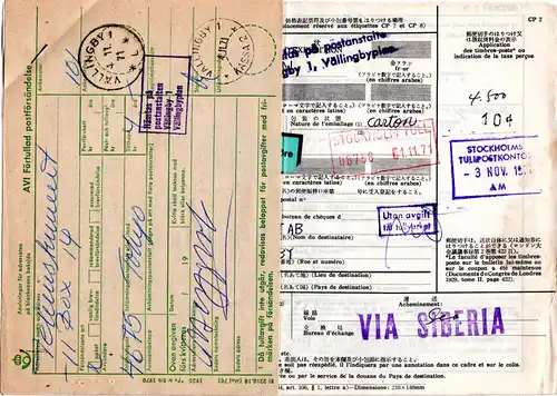 Japan 1971, Paketkarte v. Tokyo m. Schweden Postformular u. Porto Etikett