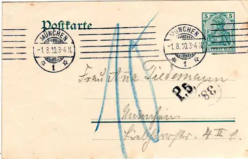 Bayern 1910, München Portokontoll Stpl. P.5. auf DR 5 Pf. Germania Ganzsache