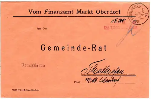 DR 1923, Barfrankierungs-Stpl. v. MARKT OBERDORF auf Drucksache n. Thalhofen